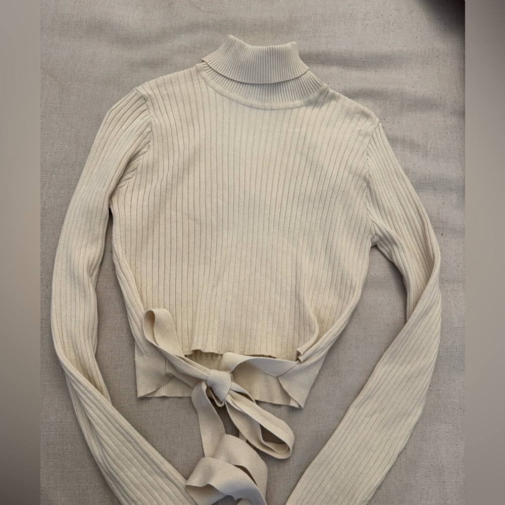 Cream Ribbed Knit Tie-Back Top